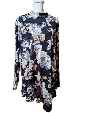 Logo Lori Goldstein 1X plus mock neck long sleeves dark floral top Romantic